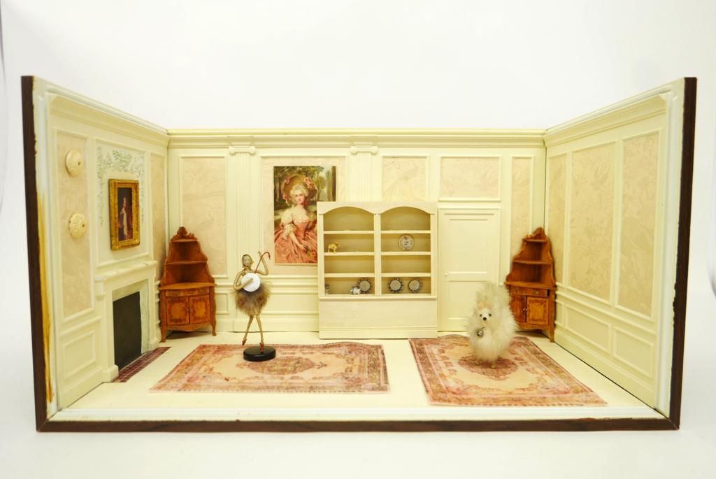 Stuart Library Dollhouse Room Box: Vintage Goebel Stuart Library room box circa 1979, includes carved bone buttons on wall, Aubusson style rugs, pair of wood corner cabinets, wood display shelves with a few accessories, vintage fur and
