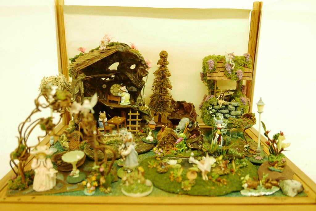 Small Fantasy Mary McGrath others Room Box Dollhouse: Wood room box with four glass sides, removable top with electric lighting, filled with artisan fantasy pieces, Bobby Buckeye artist clay and wood water well with fairies, flowers and birds, artisan cl
