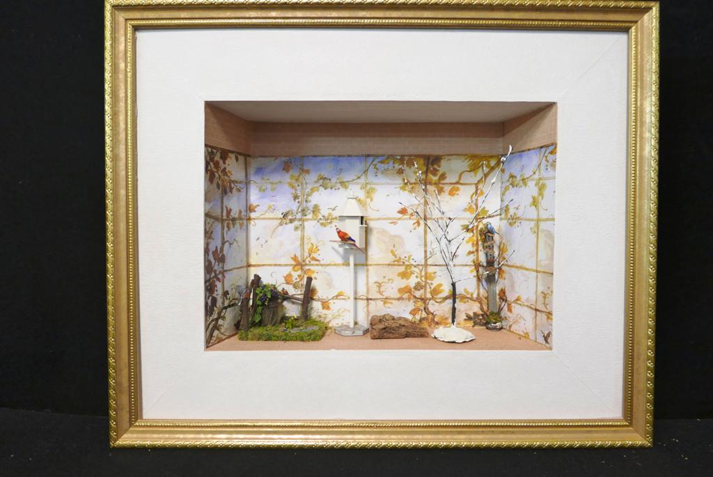 Aviary Dollhouse Room Rox: Wall hanging aviary room box from Family Room Miniatures of Auburn New York, containing a grass and fence diorama with birds, flowers and milk can chicks nested in top 3.5"W, unsigned post with birdho