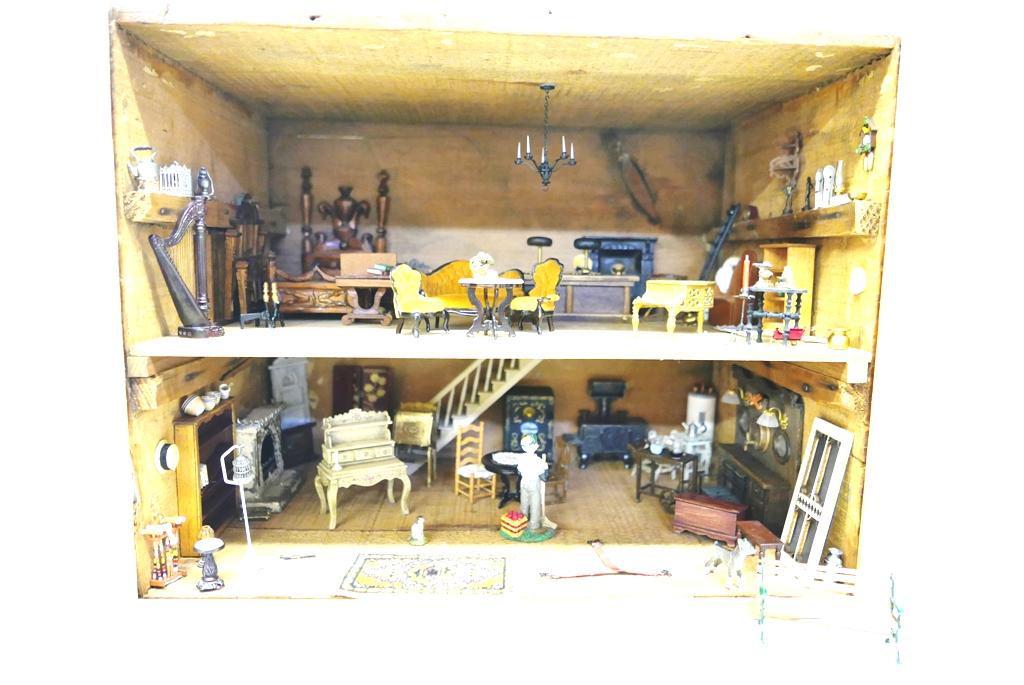 1/2" Scale Furnished Artist Dollhouse: Antique wood crate turned into a two story dollhouse with staircase, contains a combination of artisan, vintage and commercial furniture, second floor has a hand carved swan head folksy bed with small