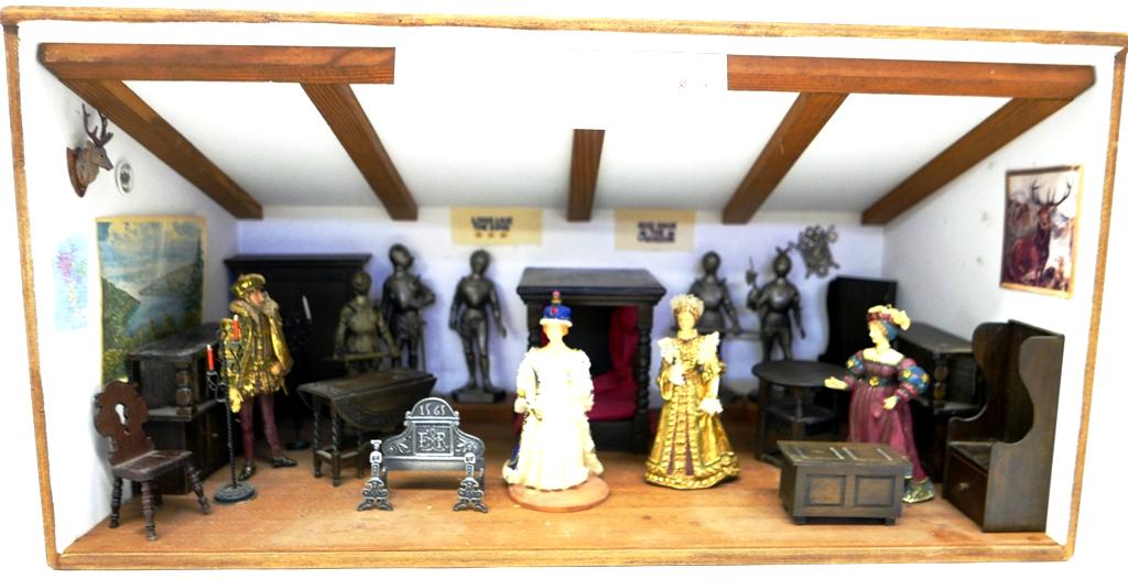 Tudor Furnished Bedroom Dollhouse Room Box: Plywood Tudor style room box has a slanted roof, painted interior has exposed beams on ceiling and plank flooring, Tudor style wood furniture includes a Court bed, pair of Court cupboards, armoire, ga