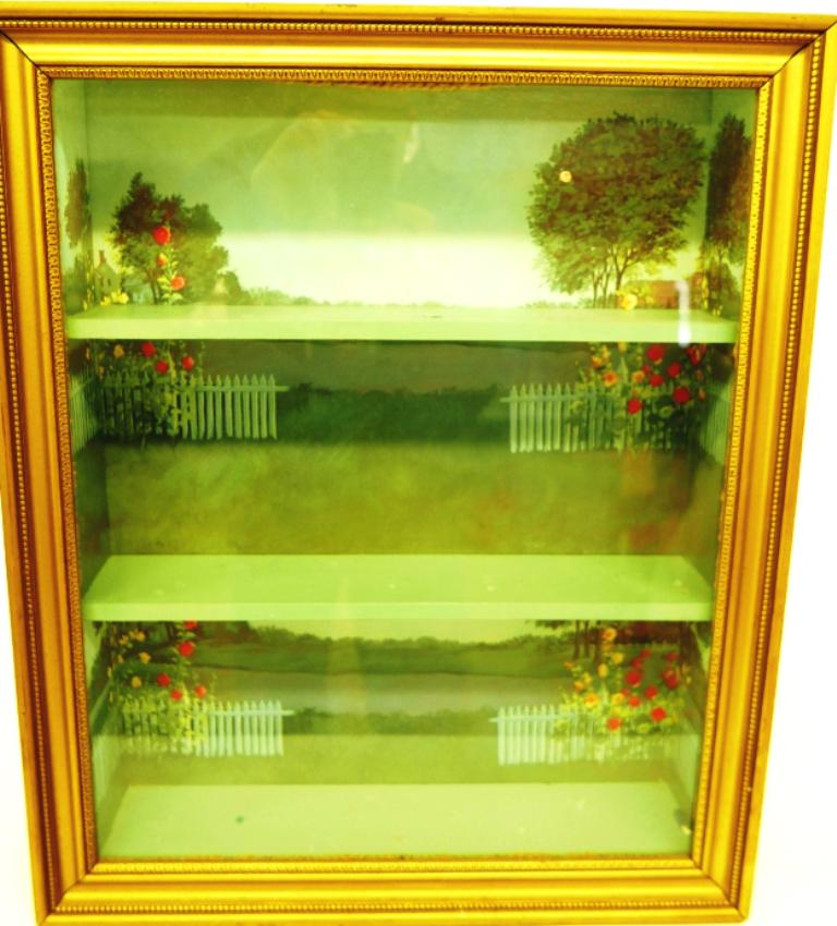 Wall Hanging Garden Room Box: Wall hanging wood shadow box with hinged glass door, three interior shelves in front of garden wallpaper, 18.5"W, 5"D, 22.5"H