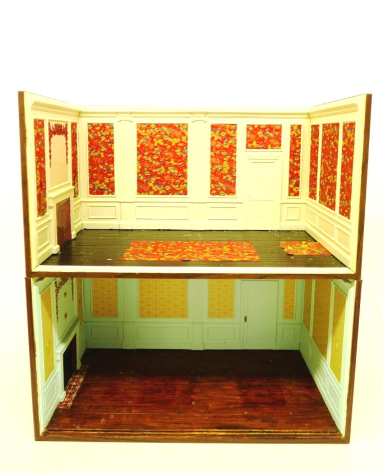 Two Goebel Room Box Dollhouses: Unsigned Goebel style room box with removable Plexiglas top and front decorated with Chinese style paper, painted floor, 22"W, 12"D, 12"H, Goebel Stuart library room box 22"W, 12"D, 12"H