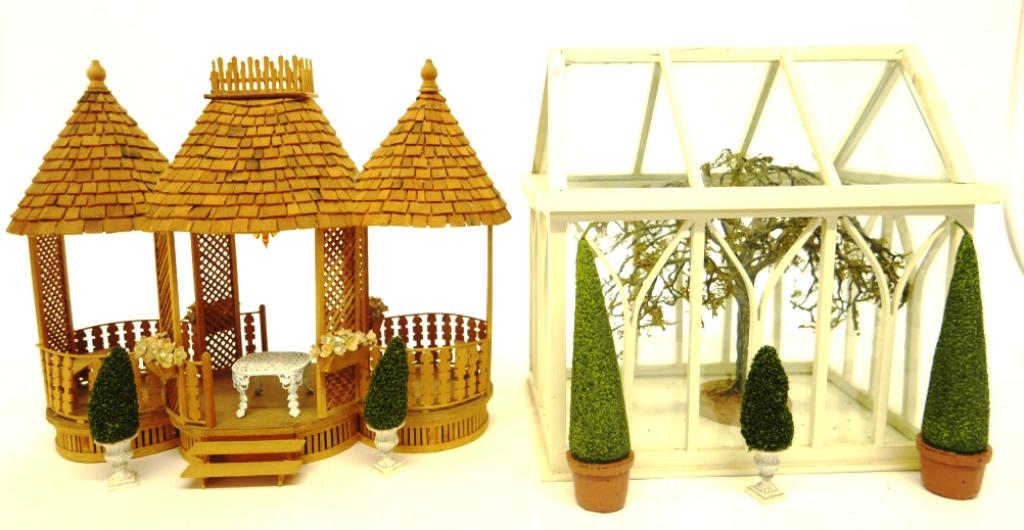 Dollhouse Gazebo & Greenhouse: Small wood triple gazebo with wood shingles, benches and flower boxes, battery operated light in ceiling 15"L needs minor repair and glue, painted wood and glass greenhouse with removable top 12"L com