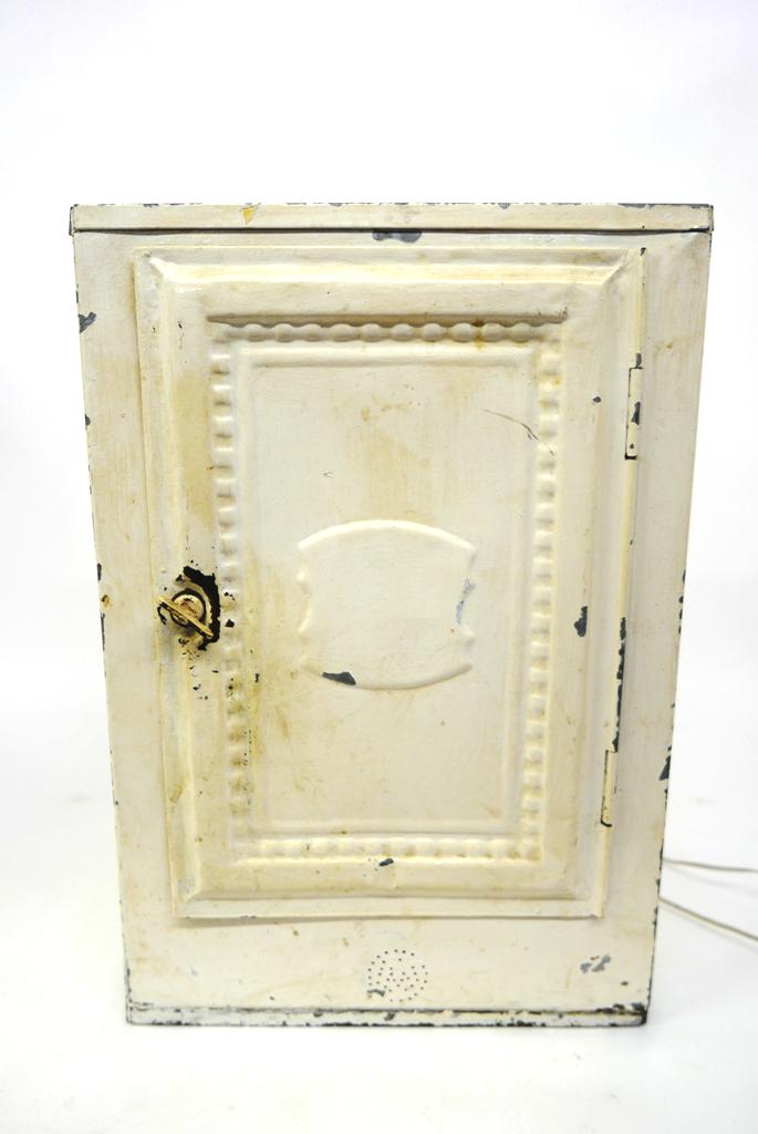 Antique Bread Box Furnished Dollhouse Kitchen: Antique painted tin bread box with hinged front door and ceiling lights and transformer, top 1970's style kitchen has wood cabinets and refrigerator plus small accessories, basement late 1800's style 