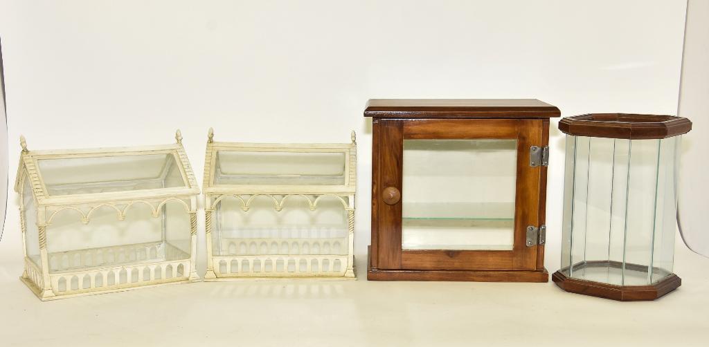 Dollhouse Greenhouses & Display Cabinets: Pair of resin and glass decorative greenhouses with open bottoms 10.5"L, vintage wood and glass display cabinet with hinged front door and two interior glass shelves 13"W, 8.5"D, 12"H, small wood and 
