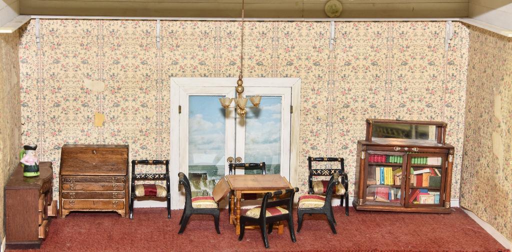 Antique Crate Furnished Room Box Dollhouse: Antique dovetailed wood crate room box with paper covered walls and fabric covered floors, vintage hand made furniture includes a Davenport style desk signed POPPA 7"H, hand made mahogany bookcase wit