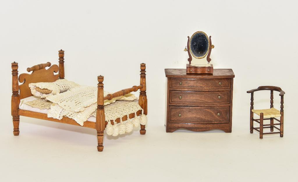 Artisan Dollhouse Bedroom Furniture: Low post Victorian style mahogany bed signed H.P.C. 6.24"L, 4.5"W, George Hoffman corner armchair with woven seat 2.75"H, very nicely made mahogany bow front dresser with three graduated drawers 4"W h