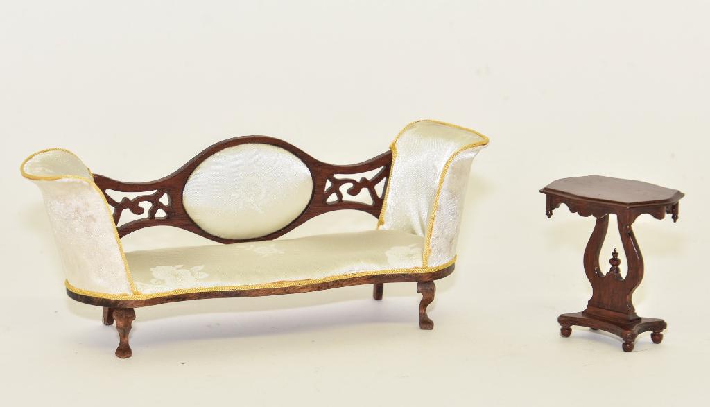 Trail Hill Sofa & Gray Table Dollhouse Miniatures: Artisan C.J. Trail Hill Victorian medallion back upholstered sofa with mahogany frame 7.75"W, Robert Gray Victorian style side table 2.5"H