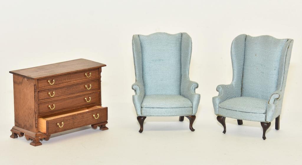 Chestnut Hill Chest & Other Miniatures: Chestnut Hill Studio mahogany Chippendale chest with four graduated drawers, fluted quarter columns and OG bracket feet 4"W, pair of Shields Miniatures upholstered wing chairs 4"H