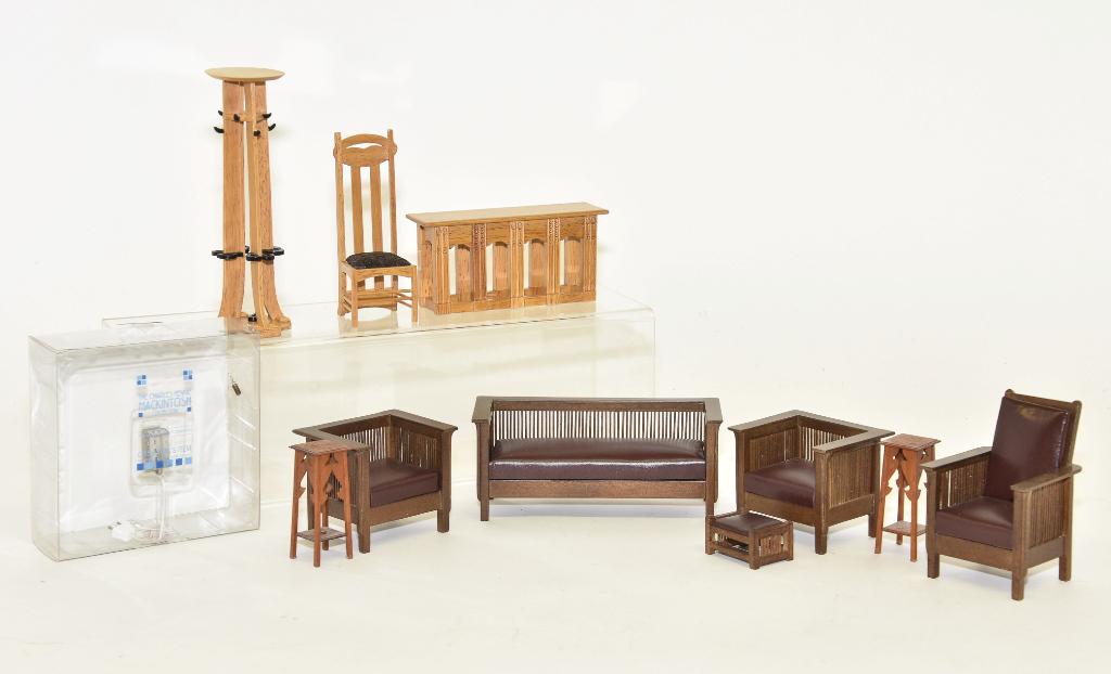 Arts & Crafts Living Room Dollhouse Furniture: Pair of unsigned mahogany stands with scalloped sides 2.5"H, Bespaq five piece Mission style seating set with sofa 5.75"W, pair of low back armchairs and high back armchair with ottoman, also includes