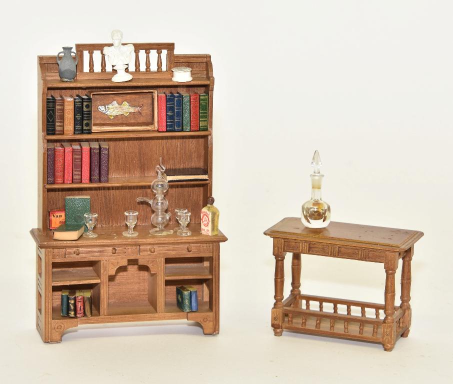 Miniature Mart China Cabinet & Table Miniatures: Miniature Mart step back china cabinet loaded with books, cut glass decanter, other glassware, Napoleon bust, mounted fish etc. 4.5"W, 7"H, matching table with bottom gallery 3.5"L