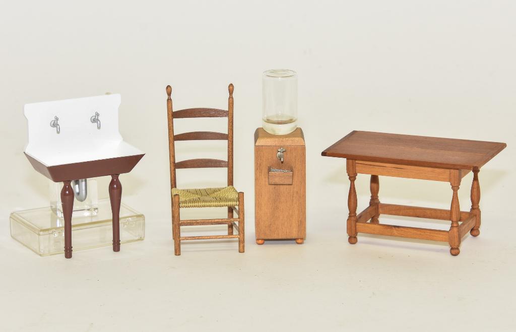 Warren Dick Table & Kitchen Fixtures Miniatures: Warren Dick colonial style mahogany table with bread board ends and stretchers 4.25"L, Don Cnossen ladder back chair with woven seat 4"H, artisan water cooler with illegible signature 4.5"H, metal sin