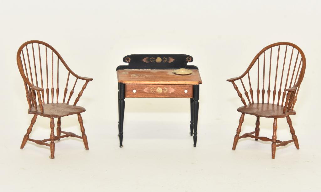 Pair of William Clinger Windsor Miniature Chairs: Pair of William Clinger mahogany continuous arm Windsor style chairs 3.5"H, also includes a Hitchcock style wash stand with painted back splash and legs signed JS and attributed to Jim Showalter 2.75"