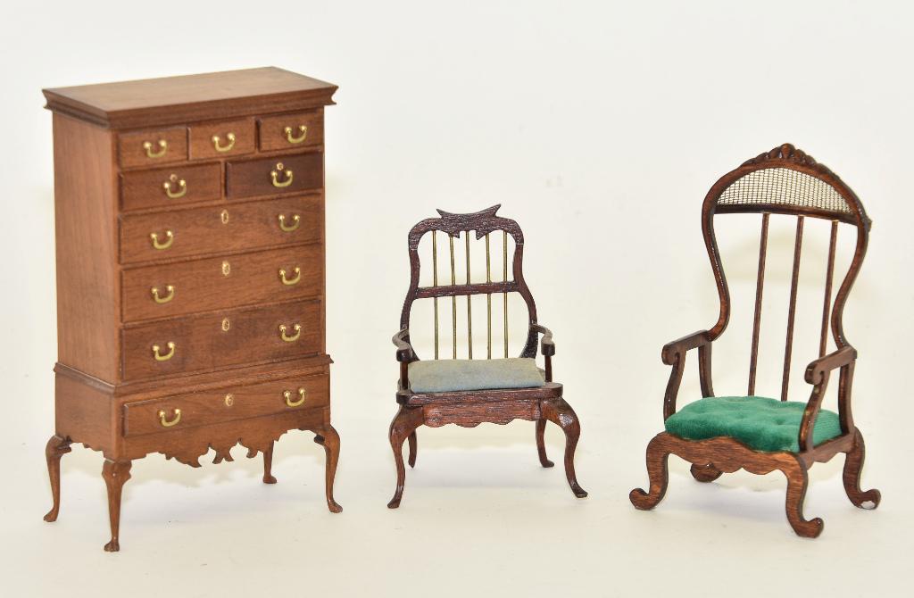 Chestnut Hill Chest & Other Miniatures: Chestnut Hill Studio mahogany chest on stand with scalloped skirt over cabriole legs 3.5"W, 5.75"H, also includes a Brooke Tucker hooded armchair with button tufted seat 5"H and a R.W. Burns lyre back