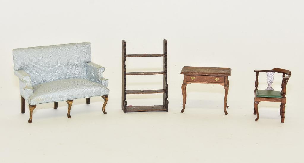 Susan Hoeltge Loveseat & Other Miniatures: Susan Hoeltge upholstered sofa 5"W, Miner mahogany single drawer stand, nicely made unsigned mahogany corner chair 2.75"H, BJP step back bookcase with scalloped sides 2.75"W, 4.25"H