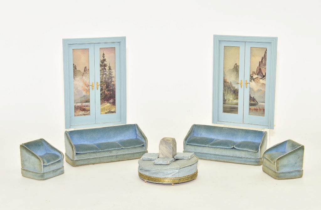Chestnut Hill Studio Lobby Seating & Doors Miniatures: Chestnut Hill Studio round hotel sofa with three extra cushions 4.5"D, pair of sofas 6.5"L with two matching armchairs 2.5"W, pair of matching double doors with frames 5.5" by 7.75"