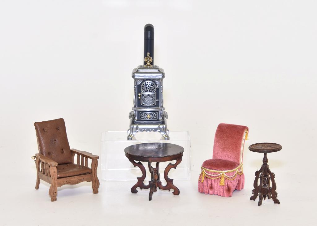 Nic Nichols Table & Chair Miniatures: Nic Nichols Victorian style round table with dark stained highly figured mahogany 3 1/8"D, 2.5"H, Nichols upholstered slipper chair with lace trim 3.25"H, also includes a hand made Morris style mahoga