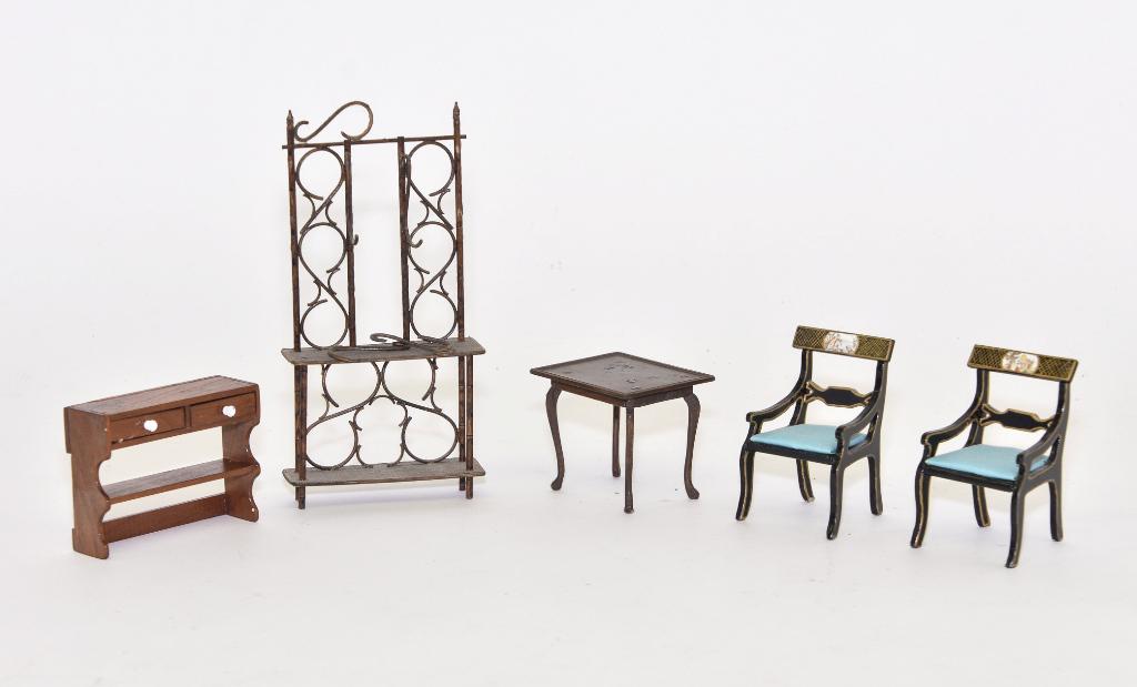 Jaris Table & Chairs Dollhouse Miniatures: Jaris mahogany Queen Ann style table with a nicely raised top edge molding 2 5/8"W, pair of Jaris late neo-classical style blue and gold painted armchairs with printed courting scene on crest rail 3 1