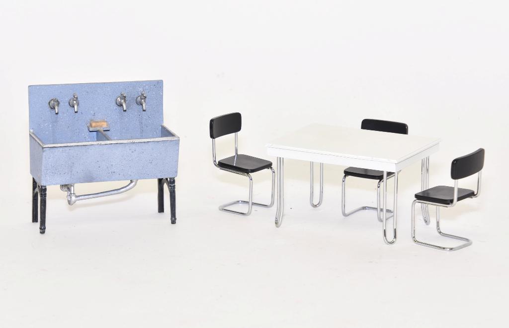 Robert Carlisle Kitchen Furniture Dollhouse Miniatures: Robert Carlisle white painted wood table top with chrome legs 4.25"L with three matching black chairs 2 7/8"H, also includes a Betty Blankenfeld painted wood work sink with pewter plumbing 4"W