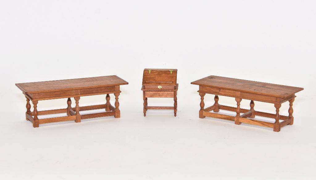 Warren Dick Banquet Tables & Desk Miniatures: Pair of Warren Dick cherry banquet tables with breadboard ends 7.75"W, 3"D, 2.75"H, Warren Dick cherry desk on stand with single drawer 2.75"W