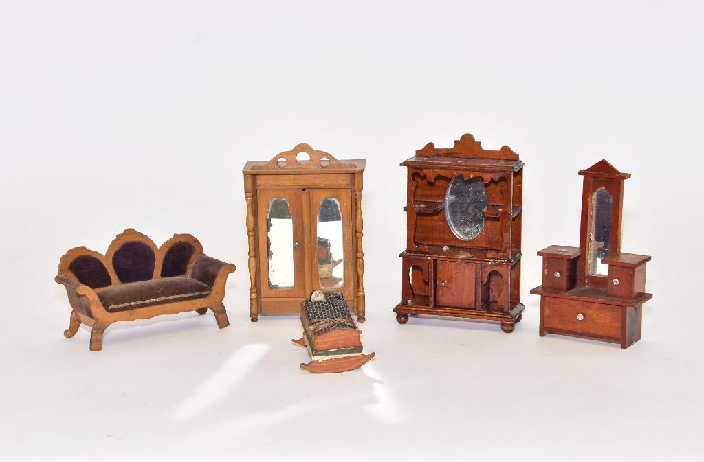 Antique German Dollhouse Furniture Miniatures: German Schneegas style armoire with double mirrored doors 4 1/8"W, 6.5"H, Schneegas sofa with Dresden paper trim 6"W, dressing table with mirror 3.75"W, 6"H, refinished china cabinet with heavy varnis