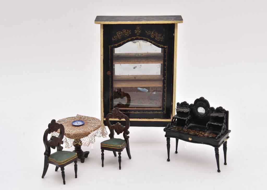 Antique German Biedermeier Furniture Miniatures: Antique German armoire with stencil decorated door, two interior wood shelves covered with printed paper, interior back mirror is broken but both halves are present 6.75"W, 9"H, writing desk with sten