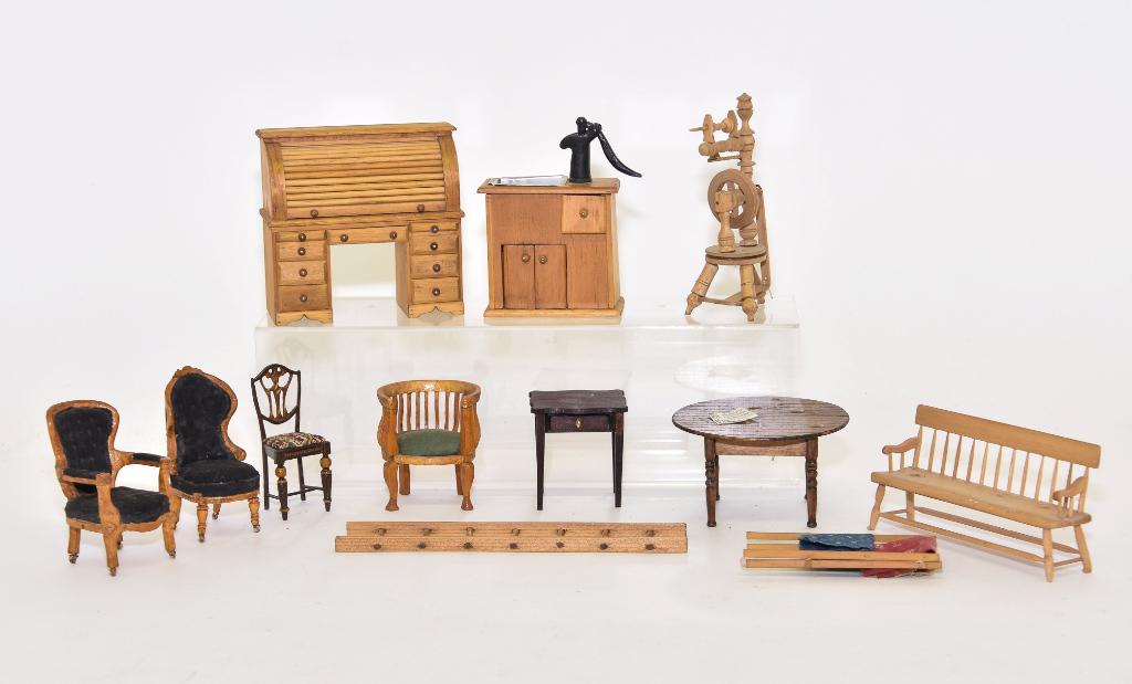 Older Hand Made Furniture Miniatures: Nice selection of hand made furniture dating from the 1950's to 1970's, some with signatures or marks, roll top desk signed A Dee Gee Classic Don Gasta 4.75"W, plank seat bench signed Wenthe 5"W, sink