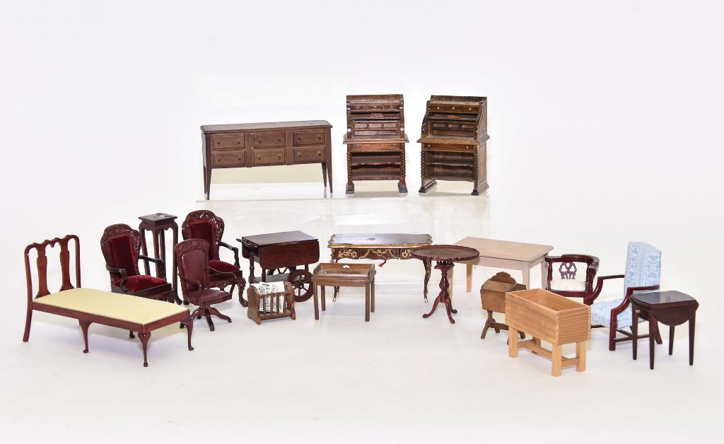 Group of Dollhouse Commercial Furniture: Nice selection of 1" scale dollhouse furniture from assorted commercial makers, chair, sideboard, fainting couch, tables, desks, sewing stand, plant stand, end table etc.