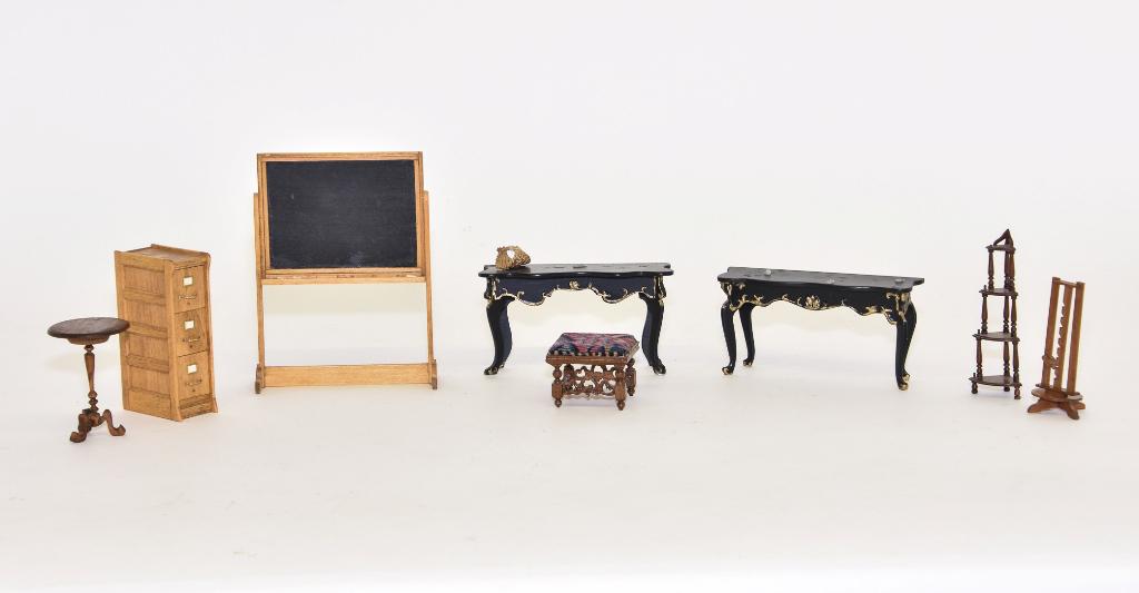 Bernhard, Booth, Burkey, Dollhouse Furniture: Pair of Robert Bernhard pier tables 5"W, Pat Boorum adjustable height mahogany candle stand, David Booth mahogany corner display shelf 4"H, vintage upholstered stool sighed MJG or MJC, vintage Victori