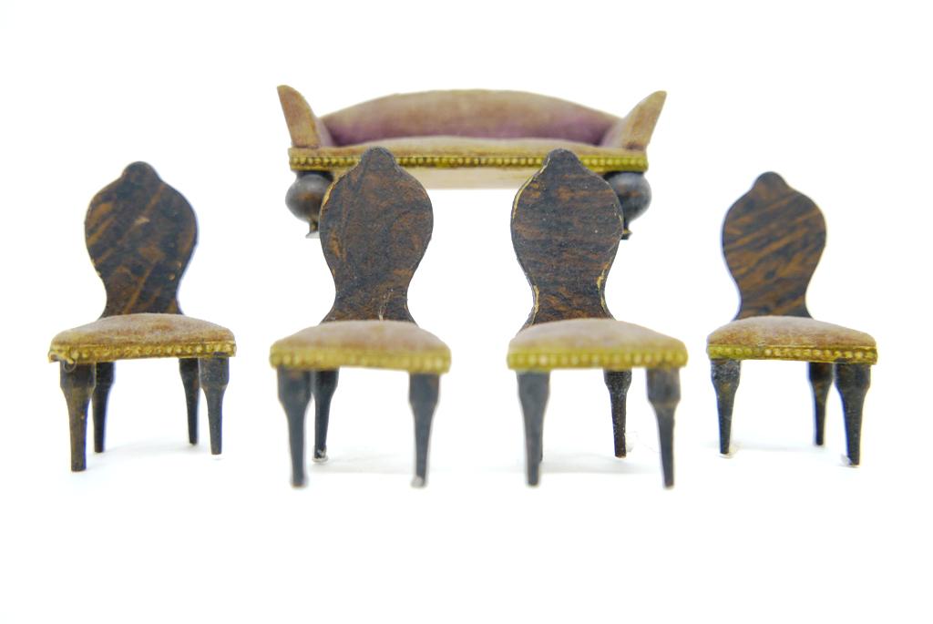 Antique German 1/2" Scale Seating Miniatures: Antique German one half scale seating, upholstered sofa with Dresden paper trim 3.5"W with four matching chairs