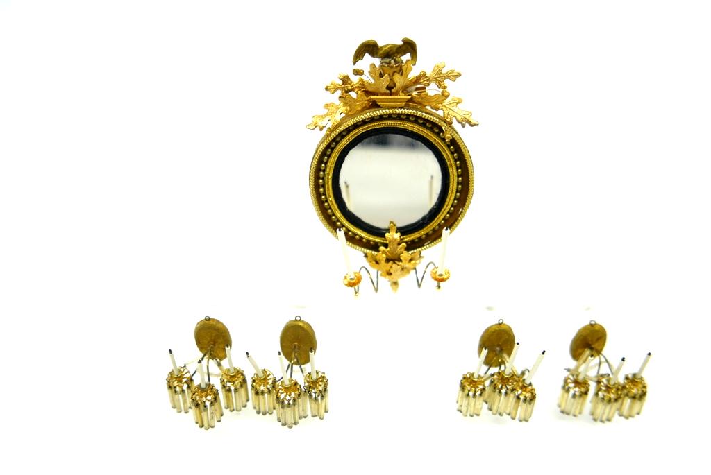 Artisan Girandole Mirror & Sconces Miniatures: Artisan mirror with eagle over leaves crest and two girandole candlesticks signed LVP or LUP, dated '81 and hand written "Essex Institute Salem Massachusetts", 2.5"W, 4"H, includes four matching tripl