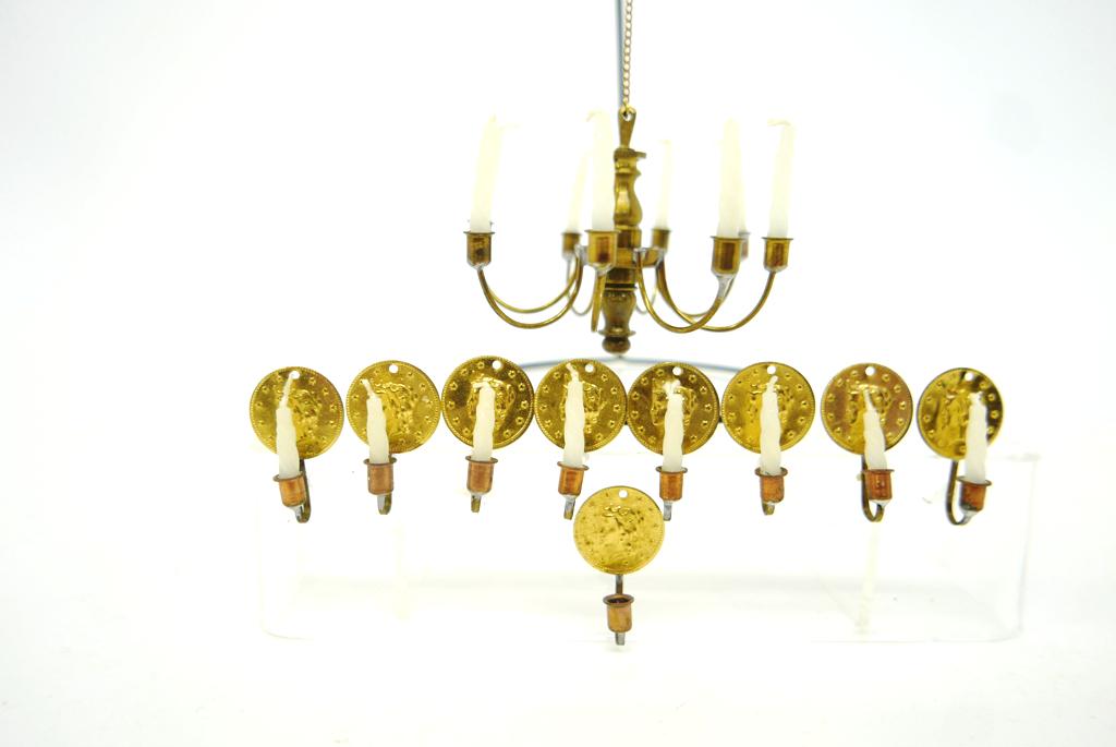 Dollhouse Chandelier & Eleven Sconces: Dollhouse solid brass chandelier with eight candle arms 3.5"D, set of eleven ormolu candle sconces with Liberty Head surrounded by stars design 1.5"H