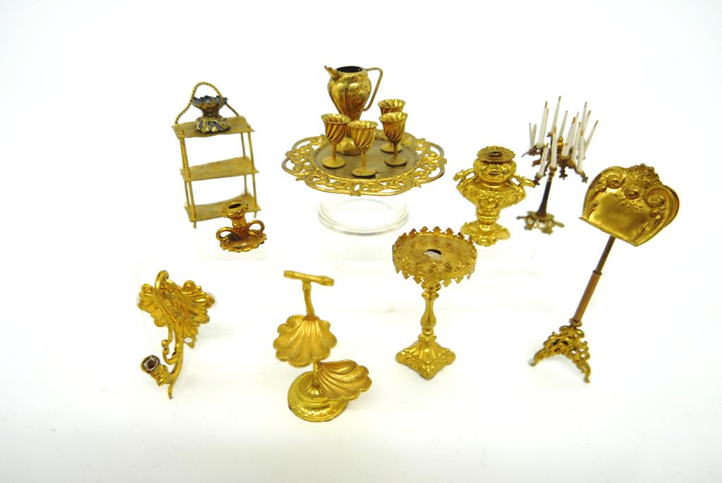 Antique Dollhouse Ormolu Accessories: Nice grouping of vintage dollhouse ormolu accessories, round tray 2.75"D with pitcher and four matching wineglasses, sixteen socket candelabra 2.5"H, dessert stand with three shell form dishes 2 5/8"H