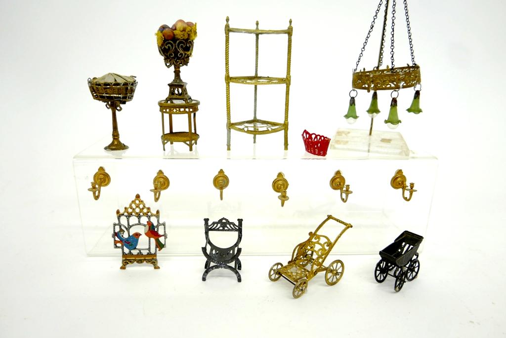 Antique Dollhouse Soft Metal Accessories Miniatures: Assortment of antique soft metal furniture and accessories, corner shelf 4.5"H, urn filled with fabric balls on a round side table that has colorful paper under glass top 4.25"H overall, sewing basket