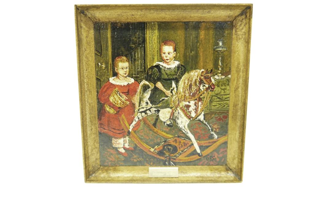 George Schlosser Miniature Painting Of Children: George Schlosser signed painting of two young girls titled on back "The Hobby Horse c.1840", mounted in wood frame with brass plaque 3"W, 3.25"H