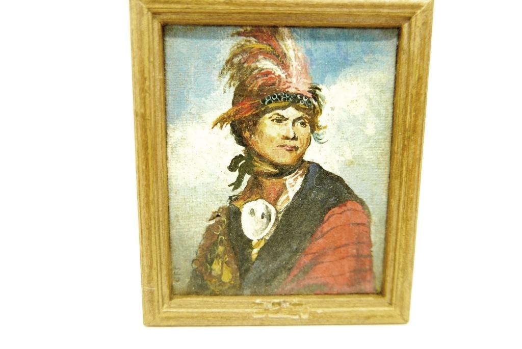 George Schlosser Miniature Native American Painting: George Schlosser hand painted portrait, titled on reverse "Joseph Brandt Thayandanegea 1786 Cooperstown N.Y.", 2.5"W, 3"H