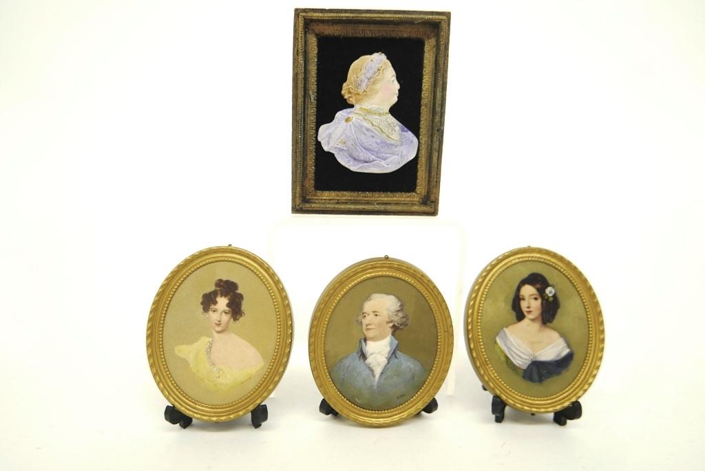 Margaret Nine Hand Colored Prints Miniatures: Three hand colored portrait prints by Margaret Nine set in ormolu style brass frames Gentleman is Alexander Hamilton 2 1/8"W by 2.5"H, also includes an unsigned resin bust mounted on velvet in frame 2