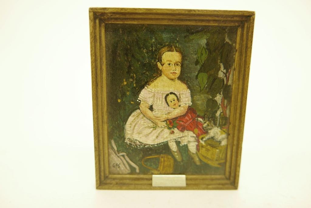 George Schlosser Child Portrait Miniature: George Schlosser hand painted portrait of a young girl with her doll and puppy titled "Fanny Wright 1847", mounted in a wood frame with brass plaque 2.5"W, 3"H