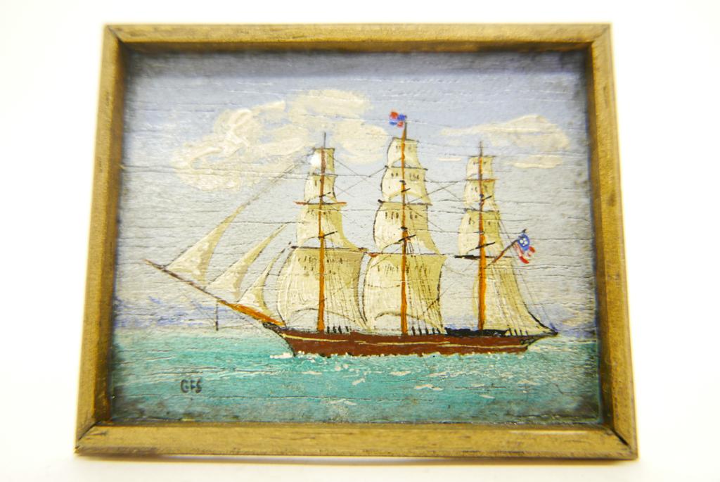 George Schlosser Ship Painting Miniature: George Schlosser oil painting on wood board depicting a clipper ship under full sail mounted in a wood frame 2 7/8"W, 2 5/16"H