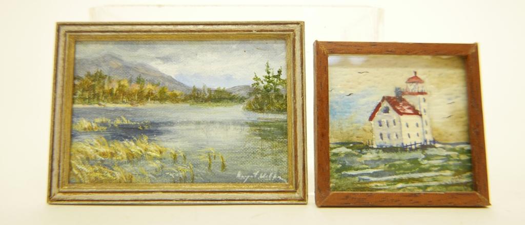 Walker & Piper Miniature Paintings: Margaret Walker well done river landscape on cherry wood mounted in a painted wood frame 2.5"W, 1.75"H, Piper watercolor on paper lighthouse scene mounted behind glass in a wood frame 1 5/8" square