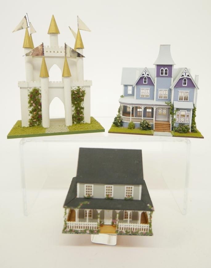 Pat Russo Miniature Dollhouses: Par Russo 144th scale limited edition Italianate style mansion with open back 4"W, 3.75"D, 4"H, Russo farmhouse with wrap around porch 3"W, 2.25"D, 2.5"H, also includes an unsigned castle 4"W, 3"D, 5.