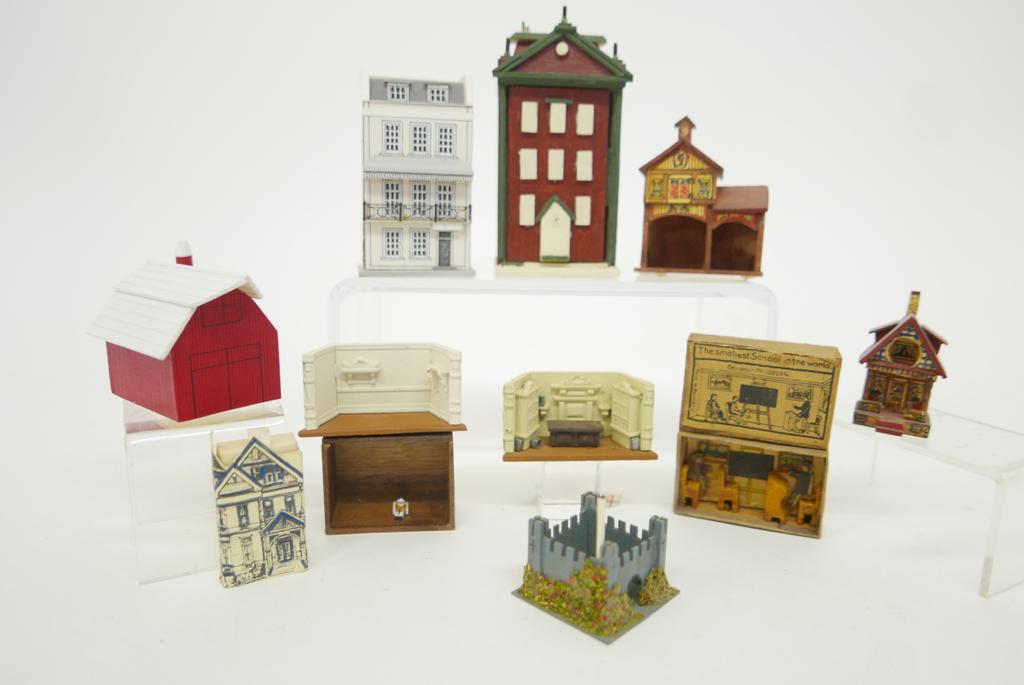 Betty Spice Miniature Dollhouses & Others: Betty Spice miniature German style open front stable 2 1/8"W, Spice miniature Bliss style dollhouse 2"H, S & T Cook wood townhouse has hinged front covering three rooms 3.25"H, two small cast resin ro