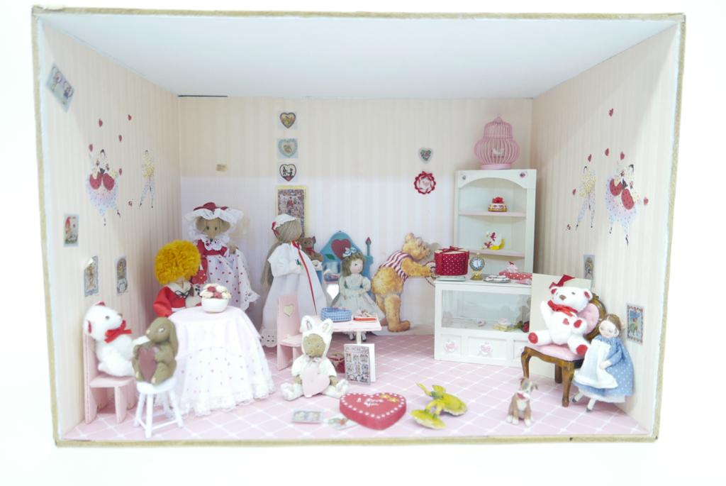 Whimsical Hearts Dollhouse Room Box: Wood room box with paper covered interior filled with whimsical objects containing hearts, Diane Freeman mouse holding Valentine card 6"H, Liebchens-Little Loved Ones laundry pin doll holding a Teddy 