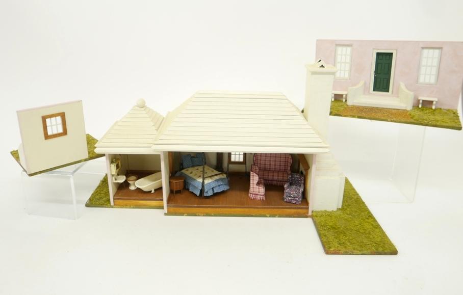 Bernhard 1/2" Scale Artisan Furnished Dollhouse: Signed Robert Bernhard from Dolphin Originals hand made two room dollhouse with removable fronts has a faux stucco finish, main room includes a unsigned mahogany high post bed with heart decorated qui