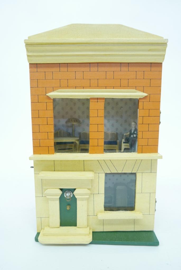 English Dollhouse & Tootsietoy Furniture: English made Holly Craft two room dollhouse with hinged front has glass windows and faux door, interior with paper decoration contains a assortment of painted Tootsietoy metal furniture, vintage bisqu
