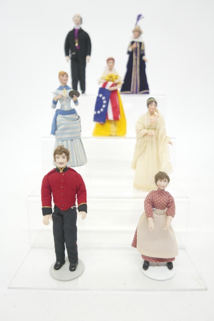 Nix & Historical Dollhouse Doll Miniatures: Three signed Jill Nix porcelain dolls including officer in a dinner jacket 6"H, minister and woman wearing apron 5"H, four Great American Women Dolls including Betsy Ross, Pocahontas, Mary Cassatt and