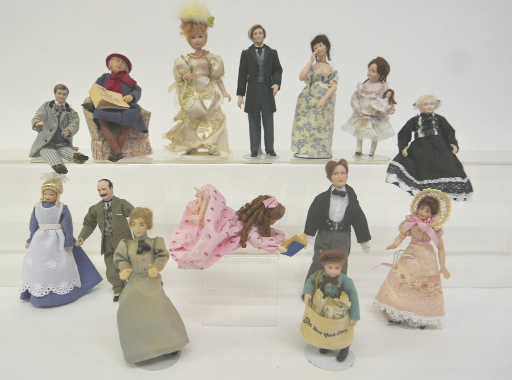 12 Bisque Dollhouse Dolls: Group of 12 bisque dollhouse dolls including an elderly woman sleeping in a chair and a young girl reading a book, tallest 6.5", one doll has heavy metal legs