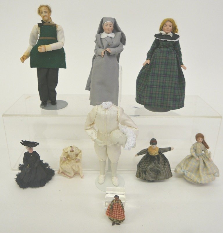 1/2" and 1" Scale Dollhouse Dolls: Four bisque 1" scale bisque dolls include headless ghost 5.25"H, nun, school teacher and a working man with a heavy metal body, 1/2" dolls include an hand made artisan clay elderly matron wearing a bl