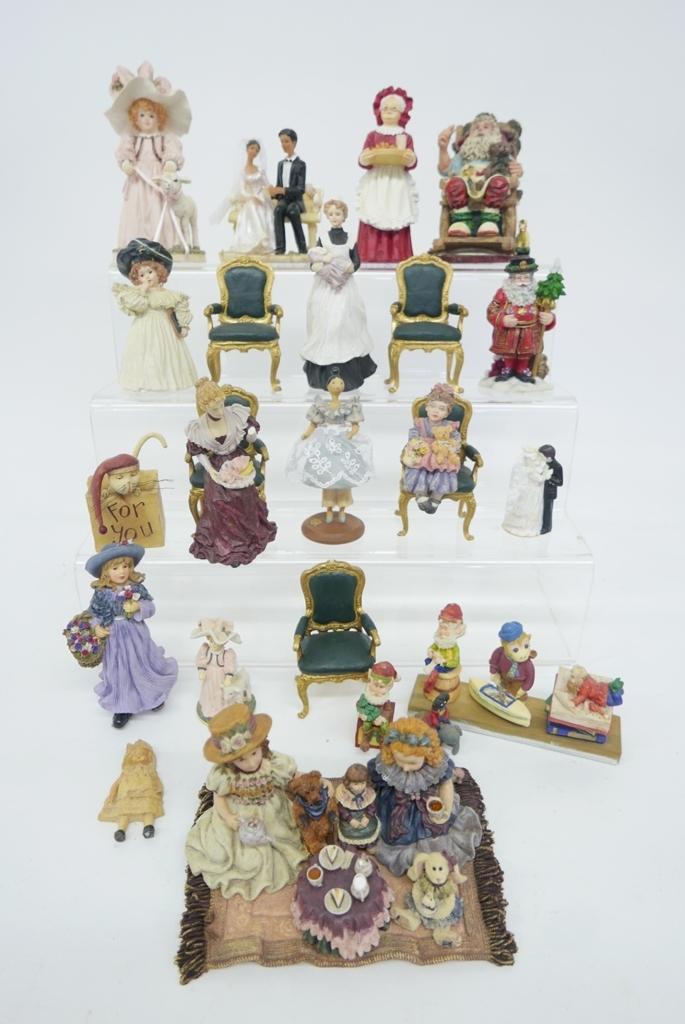 Dollhouse Resin Dioramas, Figures & Chairs: Nice selection of dollhouse sized cast resin figures and furniture, Santa in his chair surrounded by toys 4.5"H, Santa's elves, children having picnic on rug 7"W, Beefeater, women and children, five b